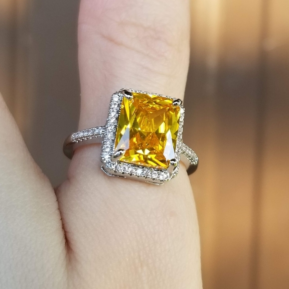 🆕S925-6.28CT Yellow Citrine/White Sapphire Ring 9 - Picture 2 of 12